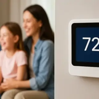 A family in the background, and in the forefront is a thermostat set at 72 degrees.