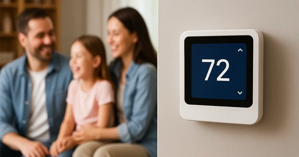 A family in the background, and in the forefront is a thermostat set at 72 degrees.