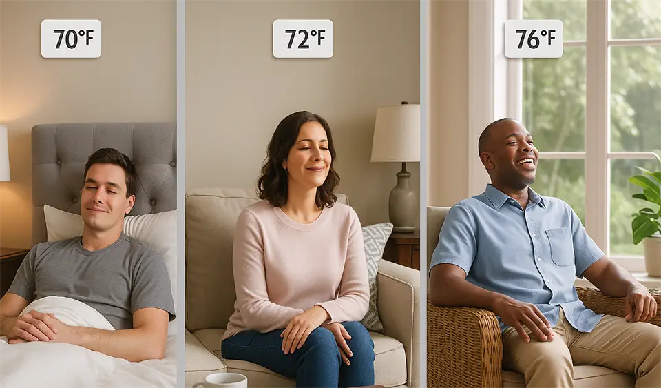 Three people enjoying different temperatures in different rooms