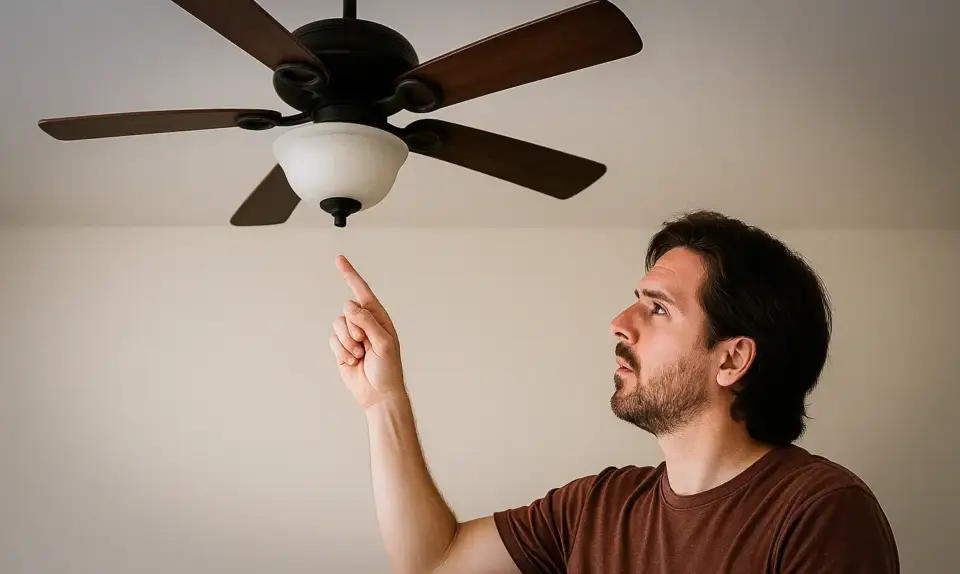 A man reached up to change the setting on his ceiling fan.