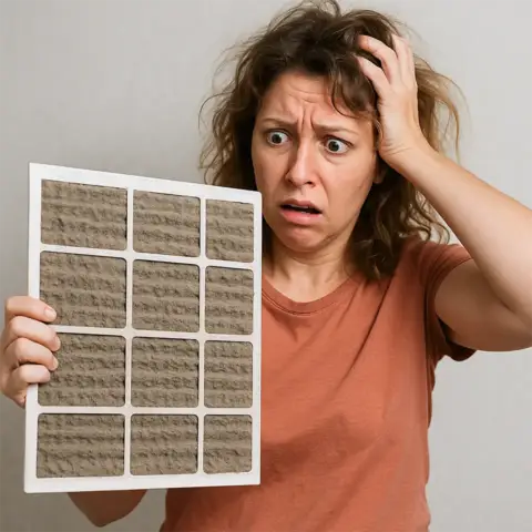 A woman is completely frazzled looking at her extremely dirty AC Air Filter.
