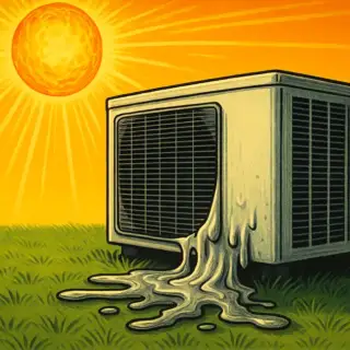 The sun beats down on an AC unit as it melts onto the grass (cartoon)