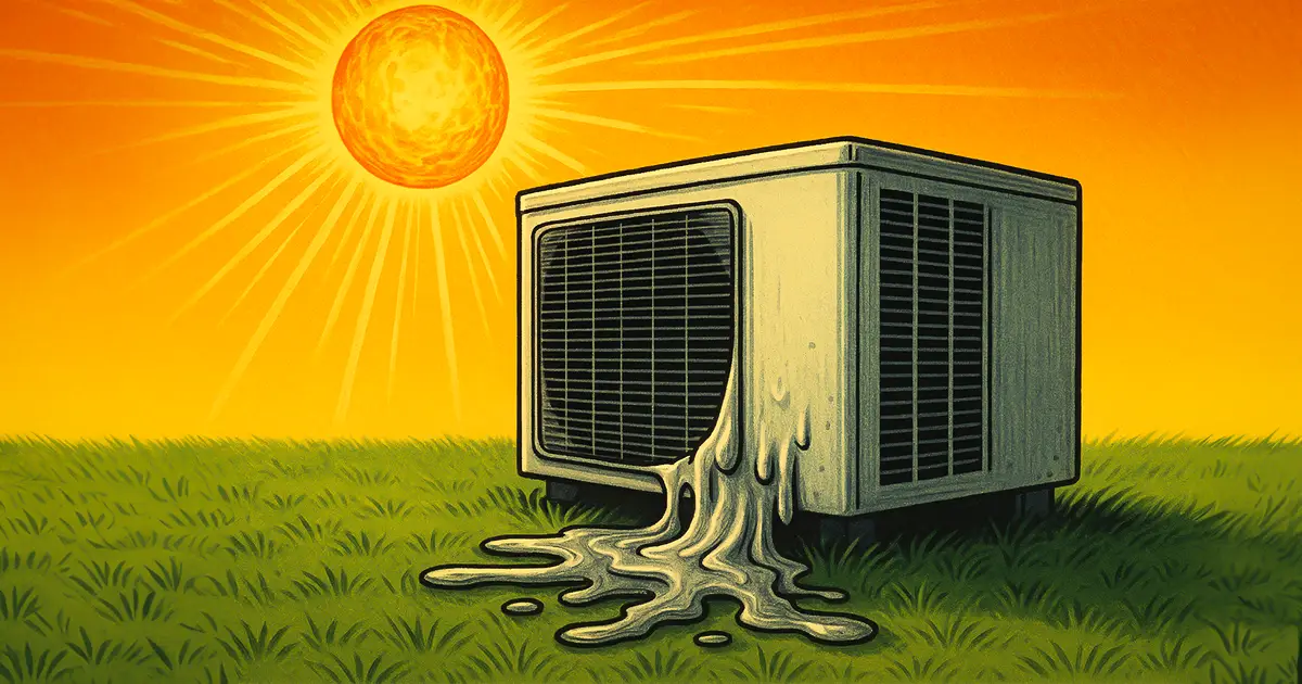 The sun beats down on an AC unit as it melts onto the grass (cartoon)