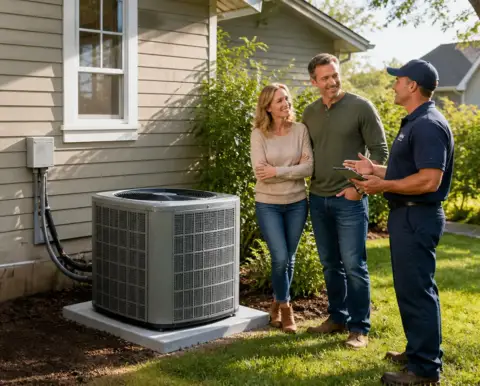 A couple talk to their HVCA technician about their newly installed air conditioner.