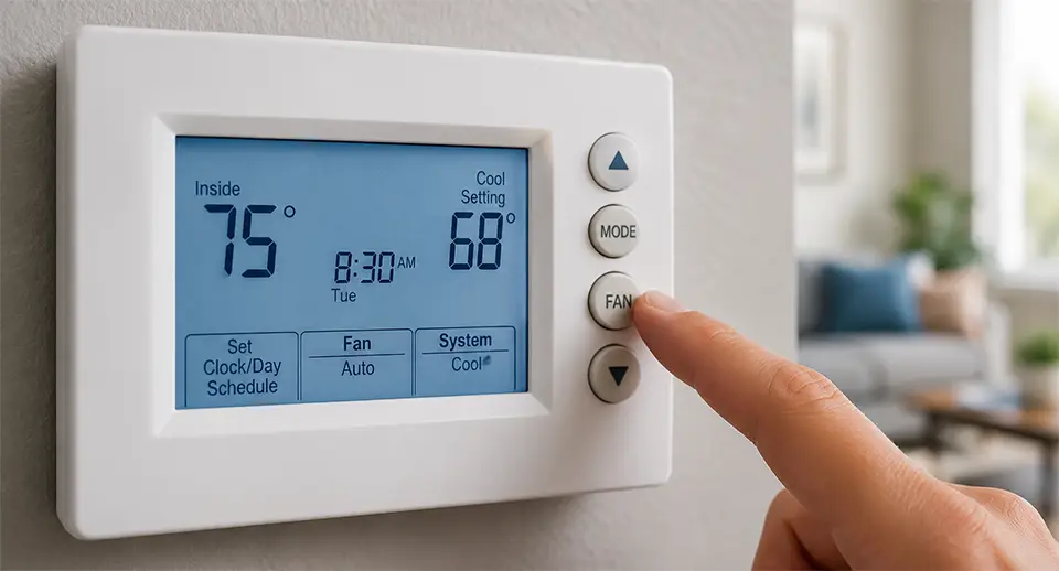 A homeowner setting their AC thermostat lower than it should be during summer.