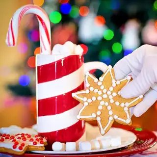 Santa picking up a star shaped cookie.