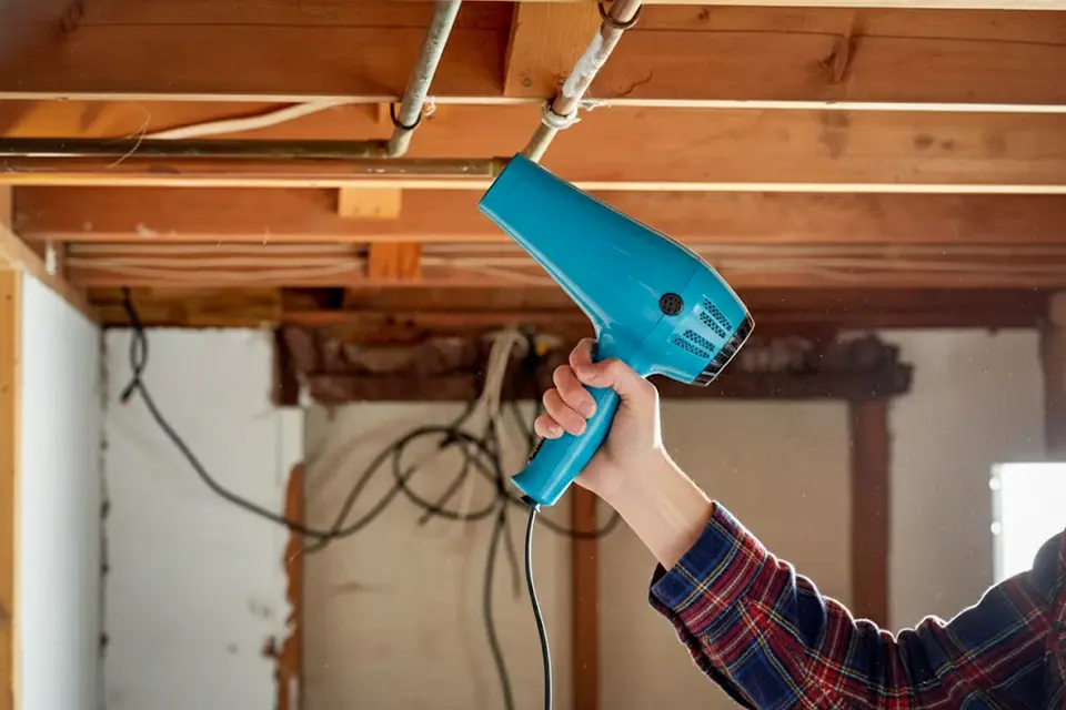 Homeowner using a hair dryer to unfreeze a pipe.
