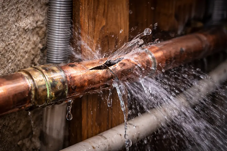 A burst pipe sprays water inside a homeowner's walls.